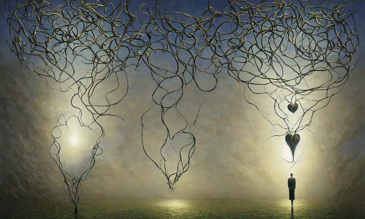 Prompt: a floating heart stringed by veins of light, art by james gurney and greg rutkowski and rene magritte, surrealism by salvador dali, very detailed, high resolution, symmetry, volumetric lighting