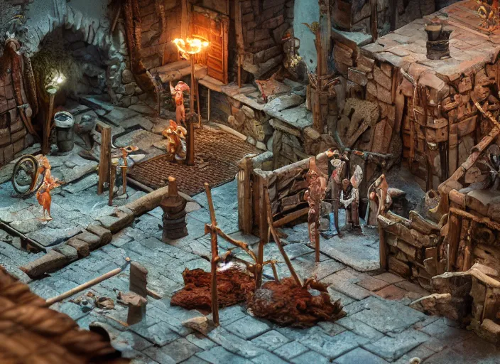 Image similar to detailed studio photography of a claymation diorama of an isometric dungeon game level design, zeiss lens, detailed, by erwin olaf, joop geesink, wes anderson, jim henson, brian froud, breathtaking, 8 k resolution, beautiful lighting, studio light, extremely detailed, establishing shot, realistic materials, hyperrealistic