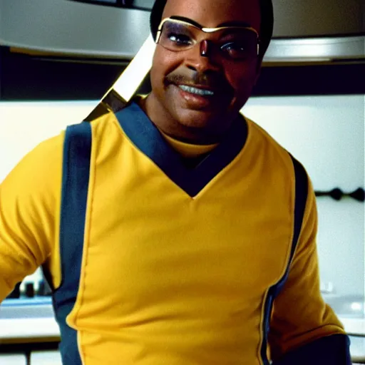 Image similar to Geordi LaForge wearing visor and a colander and random kitchen tools on his head