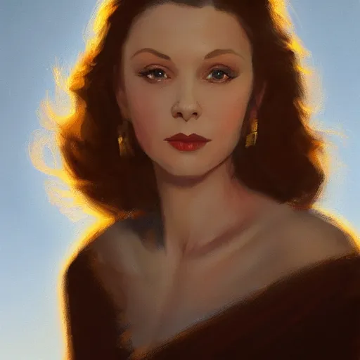 Prompt: closeup portrait of a young vivian leigh, seductive smile, chiaroscuro, city background, golden hour, dramatic lighting, complementary contrast, high detail, painted by greg rutkowski, painted by igor kieryluk, trending on artstation