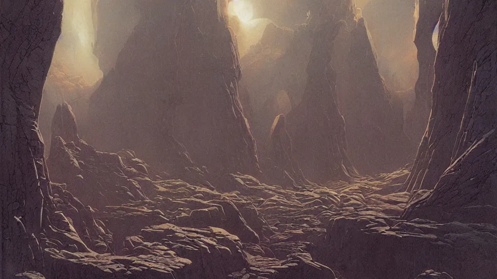 Image similar to eerie atmospheric evolving alien planet by gerald brom and vincent di fate, epic cinematic matte painting