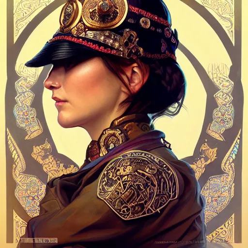 Image similar to a portrait of a female cop, upper half portrait, decorated with russian motifs, russian shaman, siberia, traditional russia, intricate, elegant, highly detailed, symmetry, headpiece, digital painting, artstation concept art smooth sharp focus, illustration, art by artgerm and greg rutkowski alphonse mucha 8 k