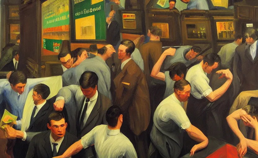 Image similar to Oil painting of mens in newyork stock exchange trading floor bearish markets droped fighting each other papers flying around by Lucian Freud, Abstract brush strokes, Masterpiece, Edward Hopper and James Gilleard, Zdzislaw Beksinski, Mark Ryden, Wolfgang Lettl highly detailed, hints of Yayoi Kasuma