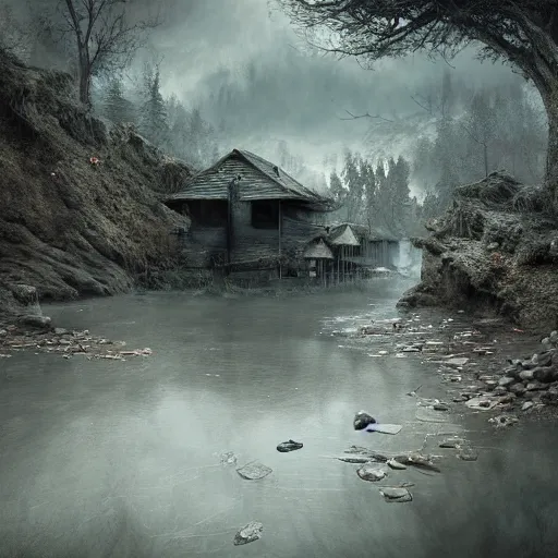 Image similar to michal karcz grunge painting of a beautiful landscape. , creepy theme, detailed, elegant, intricate, 4k,