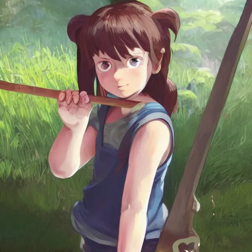 Image similar to portrait of a child with brown pigtails and green eyes, holding an axe, forest background, highly detailed, digital painting, artstation, matte, by makoto shinkai, animation style, studio ghibli, anime key visual