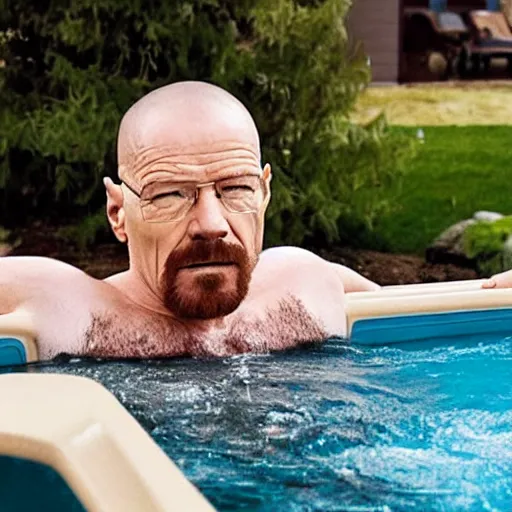 Prompt: photo of walter white relaxing in hot tub drinking beer