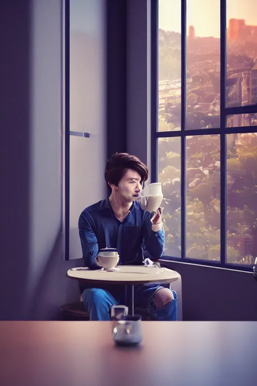 Prompt: a man sitting on a café table mext to a window and holding a cup of coffee at sunset, anime style, Pixar style, black hair, 4K, cartoon, concept art, octane render, unreal engine 5, path tracing, complementary colours, serene scene, warm, cute, natural lighting, high quality, highly detailed, high coherence, defined face, five fingers, anatomically correct, soft lighting, close view