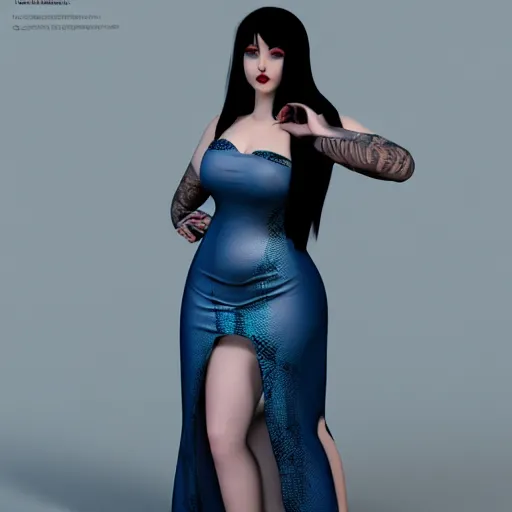 Image similar to curvy feminine hot goth cutie with sublime modest elegant patterned blue-black snakeskin leather neck-high gown, cgsociety, photorealistic, comfy ambience, idealistic, 16k, smooth, sharp focus, trending on ArtStation, volumetric lighting, fully clothed, worksafe