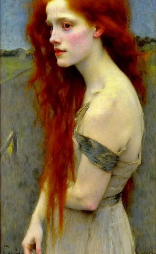 Prompt: portrait of a girl with long red hair, very beautiful style, photorealism, edgard maxence, john singer sargent