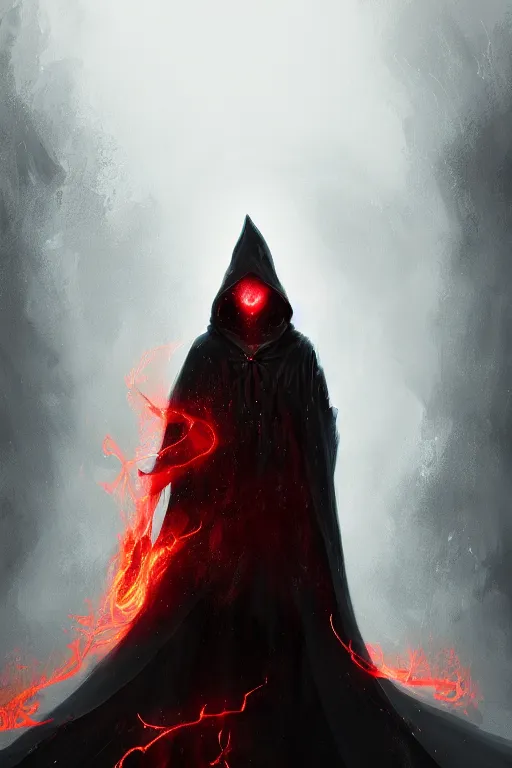 Prompt: A full body portrait of a mysterious character with no face with a very long hooded blood red and black cloak, a flaming crown floating above his head tentacles coming out the ground art by James Paick, and Shaddy Safadi, ominous, cosmic horror, trending on artstation, Ultra detailed, hyper realistic 4k