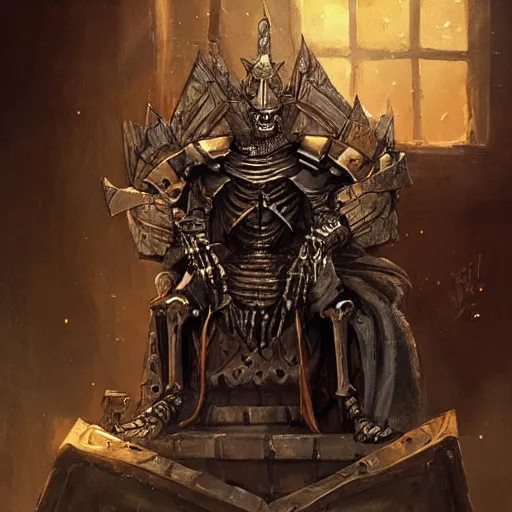 Image similar to Skeleton King wearing plate armour, resting on his throne, oil painting, by Fernanda Suarez and Greg Rutkowski