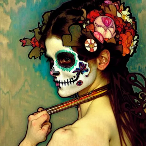 Image similar to realistic detailed painting of a cute punk Día de los Muertos girl by Alphonse Mucha Egon Schiele Ayami Kojima Amano Charlie Bowater, masterpiece