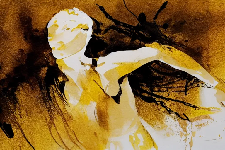 Image similar to beautiful serene running woman, exploration of motion and life, minimalistic golden and ink airbrush painting on white background