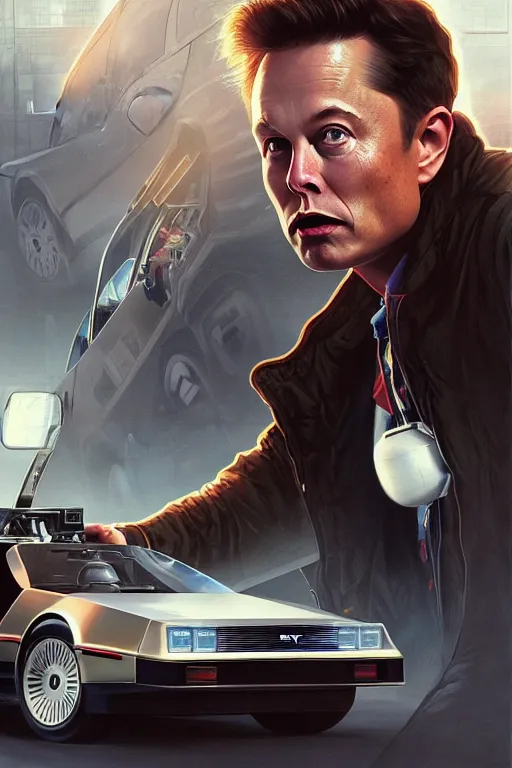 Image similar to elon musk as marty mcfly getting out of delorean, realistic portrait, symmetrical, highly detailed, digital painting, artstation, concept art, smooth, sharp focus, illustration, cinematic lighting, art by artgerm and greg rutkowski and alphonse mucha