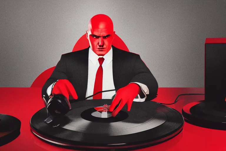 Image similar to a portrait of agent 4 7 from hitman wearing headphones and putting a vinyl record onto a turntable, dark background, red rim light, digita, l