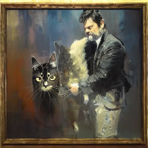 Image similar to nick offerman with body of a cat, jeremy mann painting