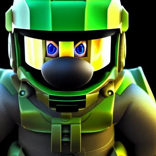 Image similar to Super Mario as Master Chief, highly detailed, extremely high quality, HD, 4k, 8k, Canon 300mm, professional photographer, 40mp, lifelike, top-rated, award winning, realistic, detailed lighting, detailed shadows, sharp, no blur, edited, corrected, trending