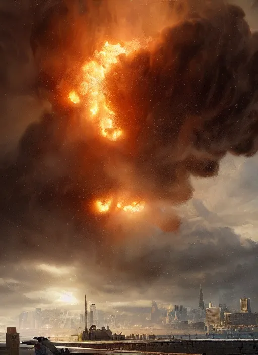 Image similar to hyper realistic giant fluffy caracal attacking moscow city harbor explosions, atmospheric beautiful details, strong composition painted by kim jung giu weta studio rutkowski, james gurney and greg rutkowski, and lucasfilm