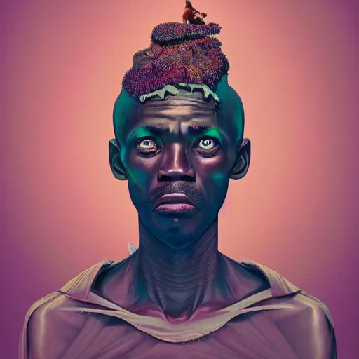 Prompt: insane african man, bizarre, studio light, fashion photography portrait, head neck shoulders, victo ngai, kilian eng, moebius, digital art, masterpiece, fractal pattern background, fantastically beautiful, beksinski, dan mumford, simon stalenhag, artstation, 8 k