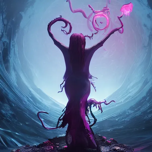 Prompt: evil witch summoning a monstrous horror from the abyss 4 k high definition artstation trending path traced contrast light and dark colorful bokeh massive scale cinematic breathtaking lovecraftian horror fantasy