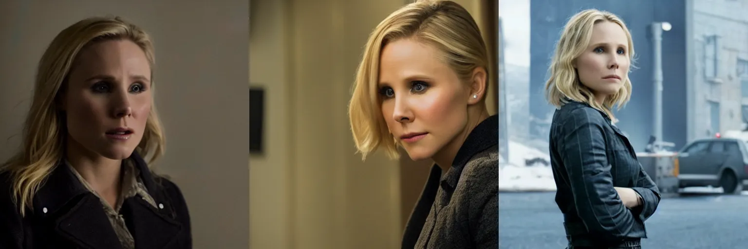 Prompt: close - up of kristen bell as a detective in a movie directed by christopher nolan, movie still frame, promotional image, imax 7 0 mm footage