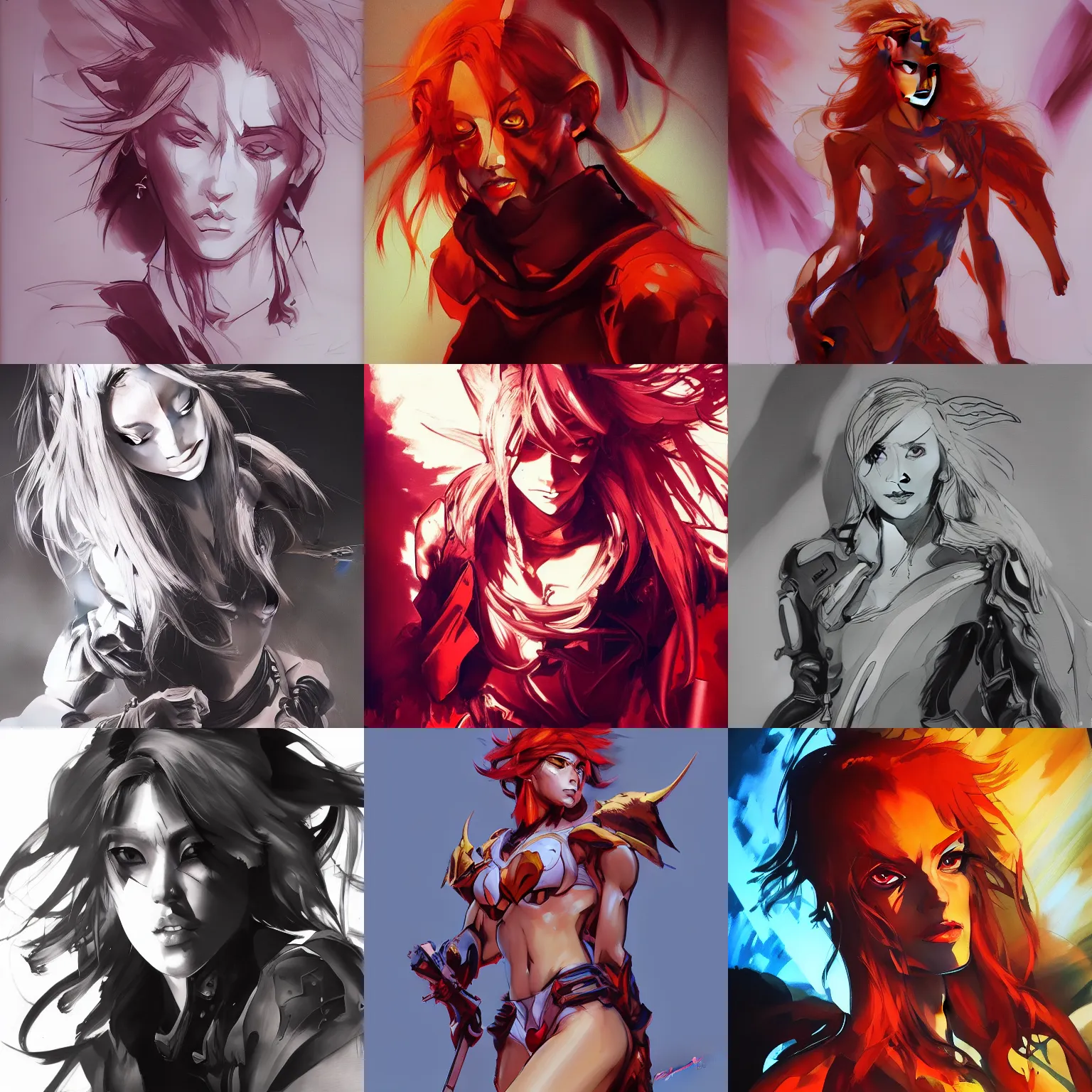 Prompt: a beautiful painting of Lina Inverse by Yoji Shinkawa, Dota, character design, heavy line work, chiaroscuro lighting, beautiful and cool. Trending on ArtStation