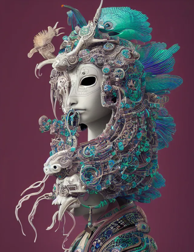 Image similar to 3 d goddess close - up profile solarpunk portrait ram skull. beautiful intricately detailed japanese crow kitsune mask and clasical japanese kimono. betta fish, jellyfish phoenix, bio luminescent, plasma, ice, water, wind, creature, artwork by tooth wu and wlop and beeple and greg rutkowski