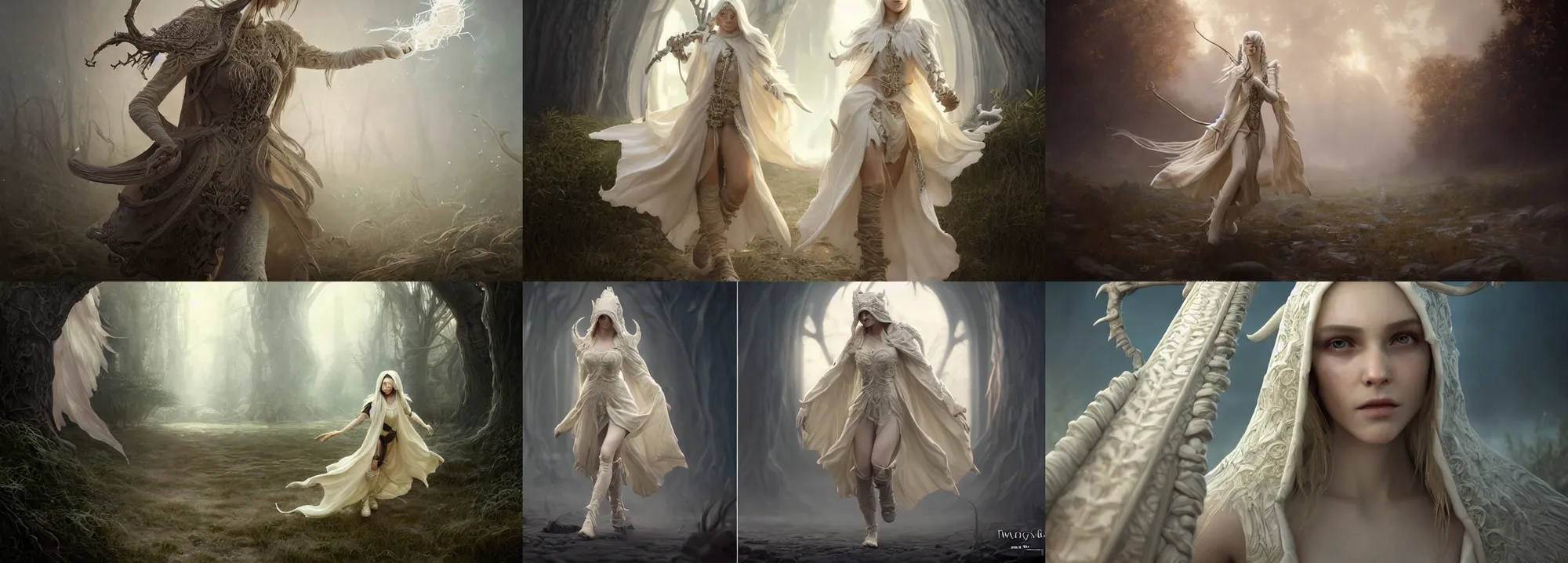 Prompt: ultrarealistic fantasy portrait young mage running, long ivory hair ivory eyes wearing ivory carved bone mantle gothic ivory bone cloak with intricate details, bone plants, fantasy character octane render, substance painter, cinematic lighting, volumetric lighting, artstation, dnd art, cgsociety, sharp focus, digital painting by artgerm, gerald brom, wlop