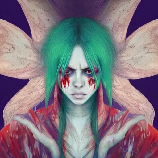 Image similar to 4K headshot of godlike Billie Eilish with defined arms and open hands and bloody clothes with giant mandala wings , intricate runny clown face make-up , flawless anime cel animation by Kentaro Miura, psychedelic , highly detailed upper body , professionally post-processed , beautiful, scary, symmetry accurate features, epic, octane rendered, anime masterpiece, accurate