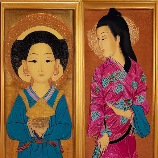 Image similar to portrait of 2 different asian looking girls, close up, one look away, one is holding lotus flower, in iconography style, theophanes the greek, glitter, chinese ornament dress, wooden frame, bright colors