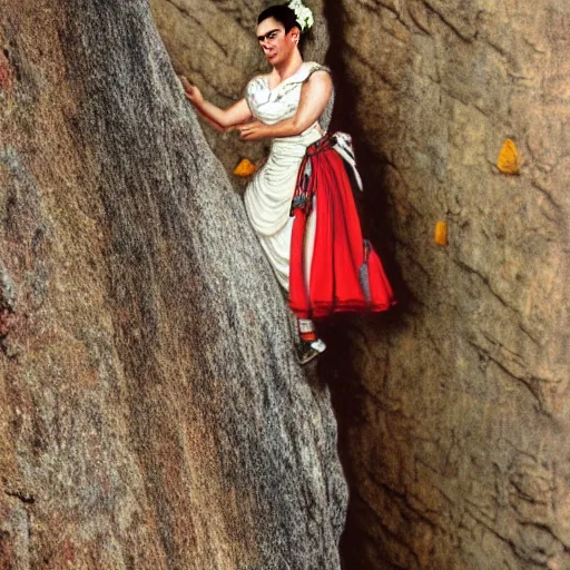 Prompt: Ultra realistic close-up of Frida Kahlo in a wedding dress rock climbing a steep wall, hd