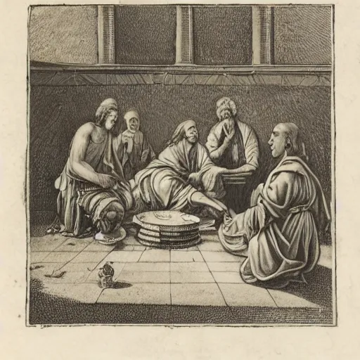 Image similar to A beautiful street art of a group of people standing around a circular table. In the center of the table is a large, open book. The people in the street art are looking at the book with interest and appear to be discussing its contents. Phoenician, nuremberg chronicle by Edward Weston a e s t h e t i c, soothing