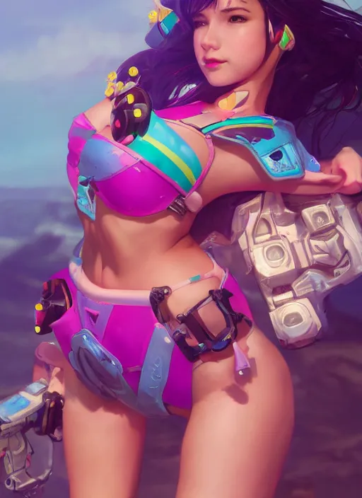 Image similar to d. va from overwatch in a plastic bikini, hyper detailed, digital art, trending in artstation, cinematic lighting, studio quality, smooth render, unreal engine 5 rendered, octane rendered, art style by klimt and nixeu and ian sprigger and wlop and krenz cushart
