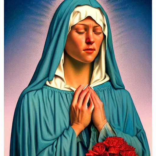 Prompt: portrait of crying gorgeous young mother mary our lady of sorrows by greg hildebrandt beautiful high detail pastel colors