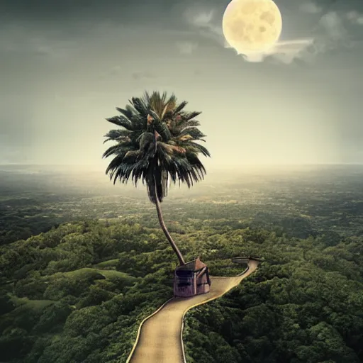 Image similar to a castle in the sky on a magical hill surrounded by giant palm trees, giant moon in the sky, cinematic, digital art by erik johansson, 8 k resolution, hyper detailed, sharp focus