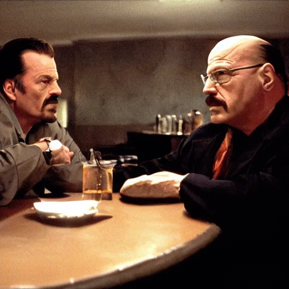 Image similar to Still of Walter White in The Sopranos at the Bada Bing talking with Tony Soprano, dark lighting