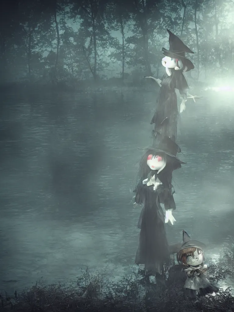Prompt: cute fumo plush girl witch standing in reflective murky river water, otherworldly gothic horror maiden in tattered cloth, hazy heavy swirling murky volumetric fog and smoke, moonglow, lens flare, vray