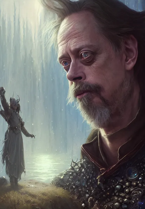 Prompt: highly detailed close up portrait of steve buscemi as a fantasy cleric surrounded by magic, in skyrim, stephen bliss, unreal engine, fantasy art by greg rutkowski, loish, rhads, ferdinand knab, makoto shinkai and lois van baarle, ilya kuvshinov, rossdraws, tom bagshaw, global illumination, radiant light, detailed and intricate environment