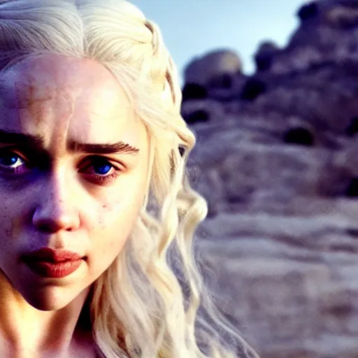 Image similar to a selfie of daenerys targaryen played by a young scarlett johansson, smooth skin, purple eye color, ethereal beauty, medium shot, detailed eyes, vivid, golden hour