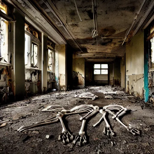 Prompt: the inside of an abandoned hospital, skeleton heads on the floor of the ruined hospital, realistic lighting