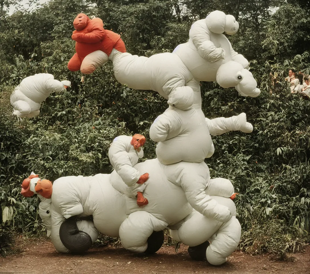 Prompt: a 3 5 mm photography, kodachrome colour, of grandpa with white michelin man costume, riding a hippo, strange creatures and alien plants around, photos taken by martin parr