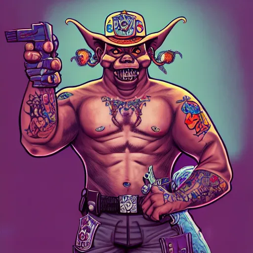 Image similar to portrait painting of a friendly orc cop with gang tattoos, sharp focus, award - winning, trending on artstation, masterpiece, highly detailed, intricate. art by josan gonzales and moebius and deathburger