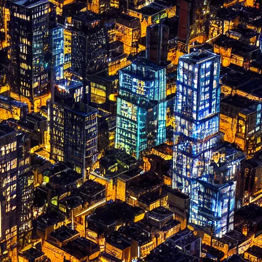 Prompt: Birds eye view of a metropolis at night, rectangular city grid with narrow streets, tall brutalist architecture buildings, city lights spilling upwards above the top of the buildings,