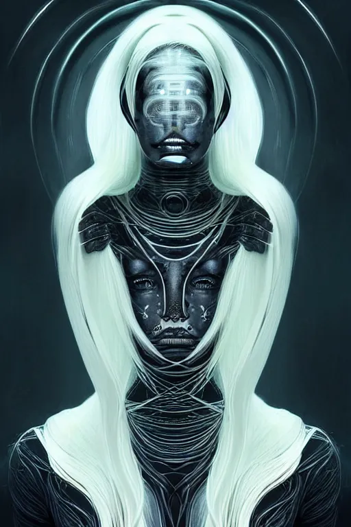 Image similar to Supermodel woman turning into an Android portrait, dark surrealism , scifi, intricate design, elegant, sharp black eyebrows, ornate long flowing platinum neon blonde hair and small black streaks, highly detailed cybernetic body, glowing eyes, digital painting, artstation, concept art, smooth, sharp focus, illustration, art by Artgerm and moebius and Peter Mohrbacher