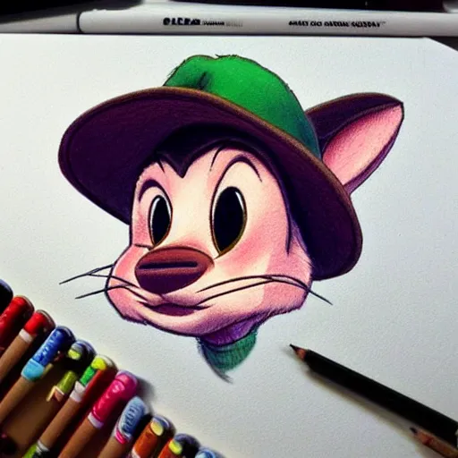 Prompt: very cute kid\'s film character rabbit, disney character concept artwork, 2d concept, detailed drawing, animal wearing a hat, high detail iconic character for 1997 film, trending on artstation, beautiful rendering, don bluth
