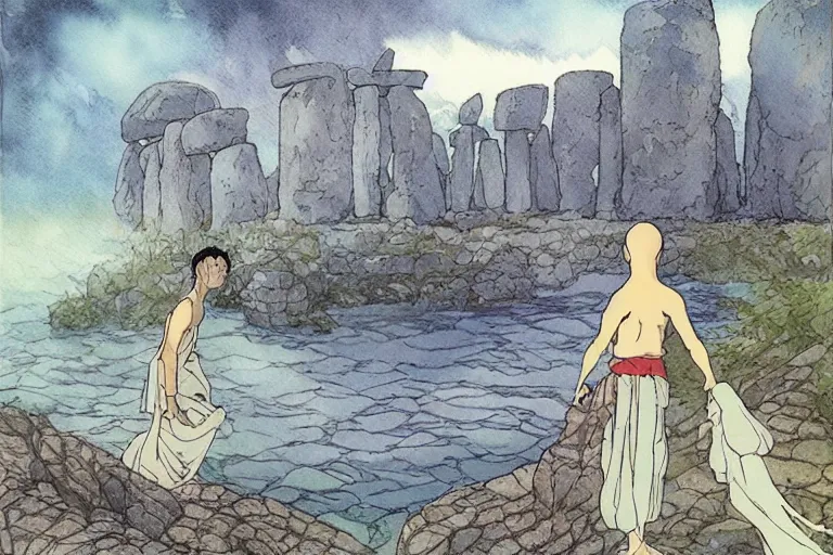 Image similar to a hyperrealist studio ghibli watercolor fantasy concept art. in the foreground is a giant monk in a grey robe lifting a stone. in the background is stonehenge. the scene is underwater on the sea floor. by rebecca guay, michael kaluta, charles vess