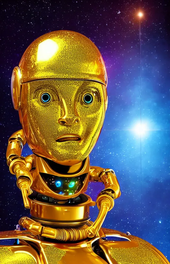 Image similar to portrait of a robot humanoid alien with golden armature, holographic face and medieval helmet. Galactic iridescent background in the style of Tim white and moebius