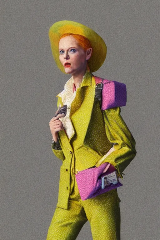 Image similar to a scene with a character wearing a super colorful muted color diy! suit, vivienne westwood!, detailed photoreal render octane render, pointillism, oil on canvas