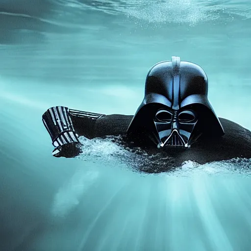 Prompt: a hyper-realistic photo of Darth Vader swimming