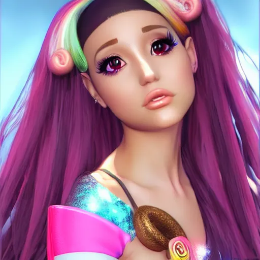 Image similar to A beautiful portrait of a Ariana Grande from the rainbow sky paradise in the process of transforming into her magical girl outfit, Pixiv 3DCG, Daz Studio